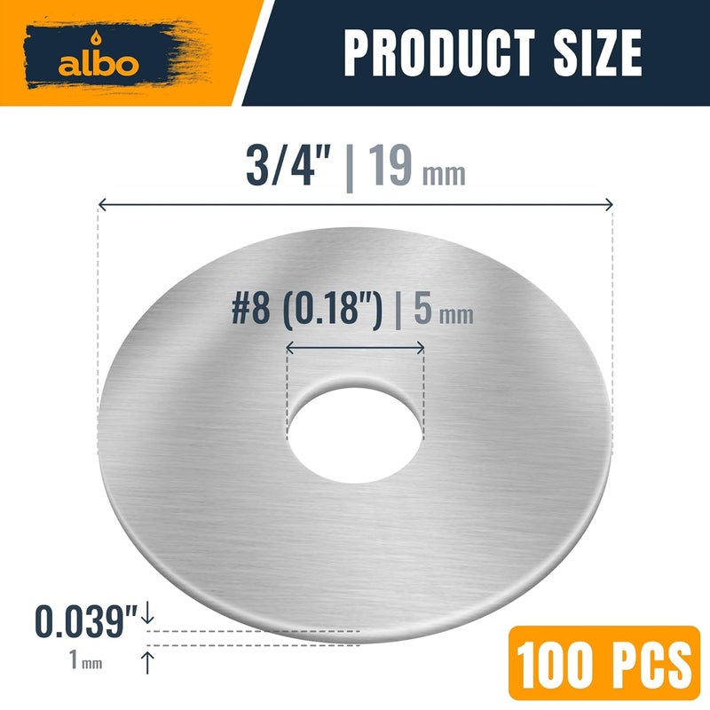 ALBO 100 Pcs Stainless Steel Fender Washers #8 x 3/4 Inch Flat Washers for Screws and Bolts, 304 Stainless Steel, Heavy Duty Washer Set for Industrial and DIY Use - Image 2
